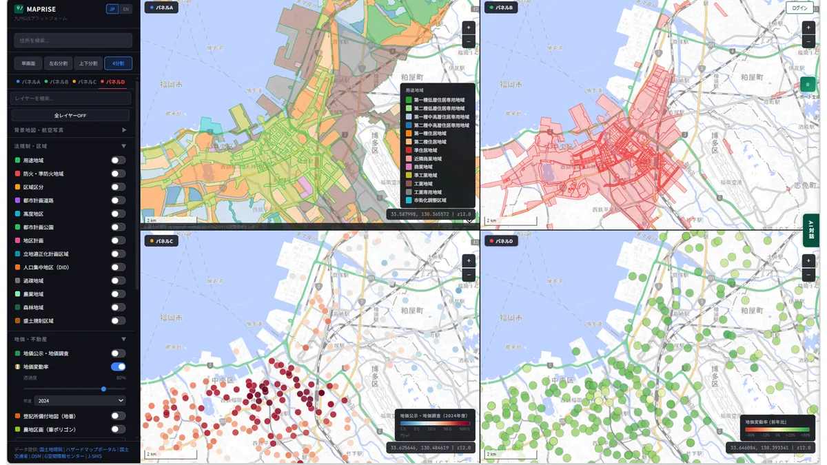 MAPRISE four-panel split screen showing zoning, fire-prevention districts, official land prices, and land-price change simultaneously.